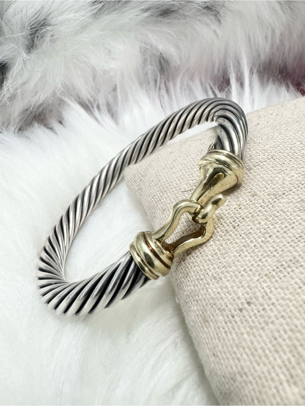 David Yurman 7mm Hook & Buckle Cable Classic Cuff Bracelet .925 14K Gold